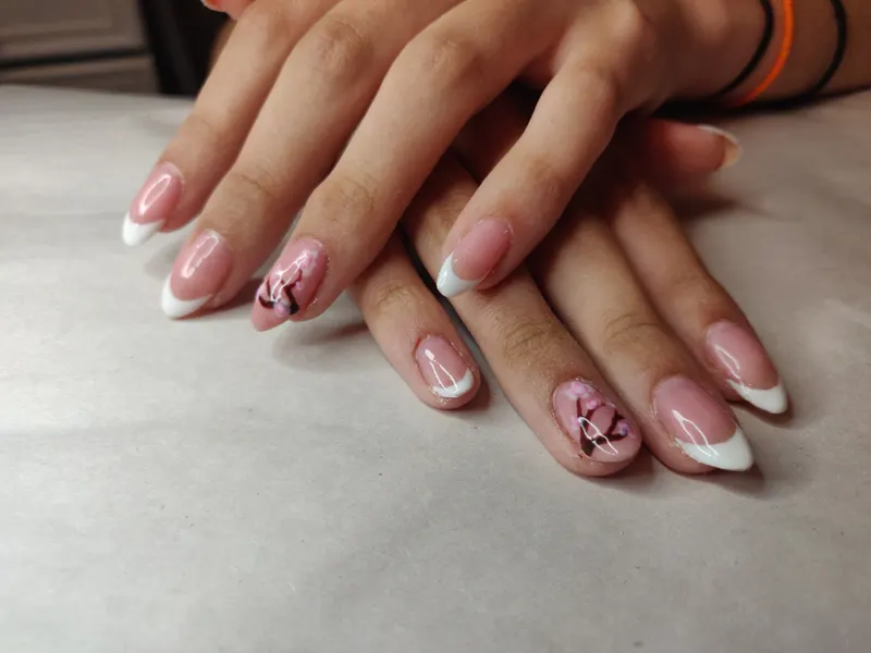 French tip with cherry blossom tree