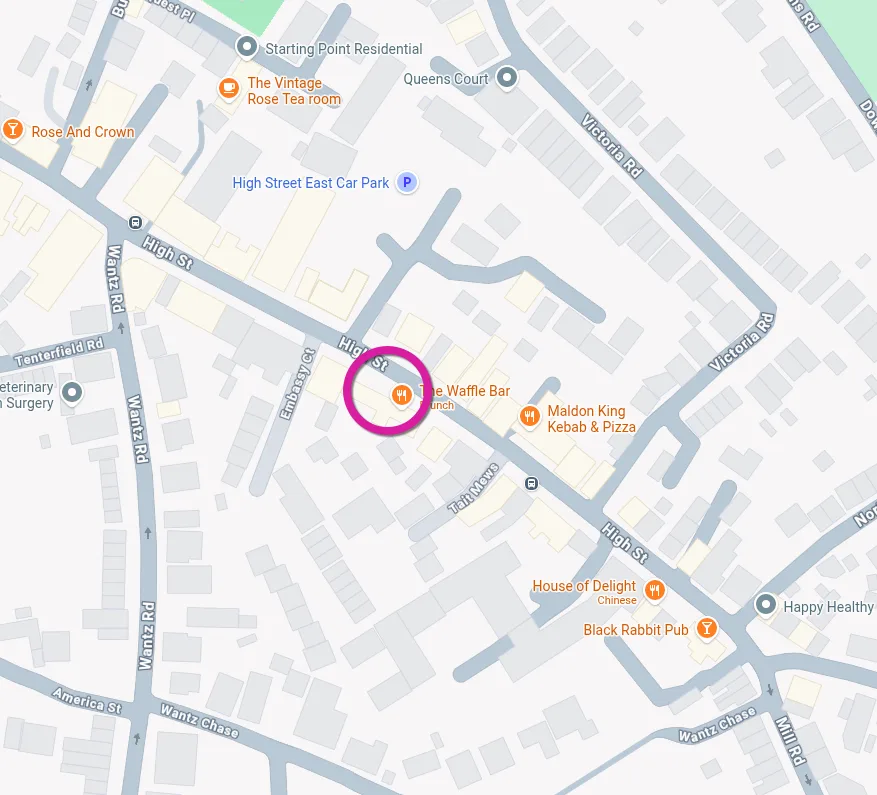 Map of Maldon High Street with the studio circled, beside The Waffle Bar